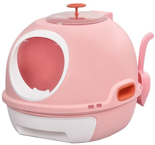 PawHut Bac à litière pour Chat Maison de Toilette Portable pour Chat tiroir à litière Coulissant Porte battante Lucarne + Pelle fournis dim. 47L x 55l x 44H cm Rose