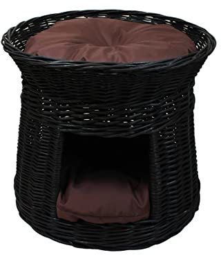 Katzenkorb zum Schlafen – Katzenhütte Indoor - Durchmesser: 50 cm rund – Katzenhöhle aus Weide – Zweistöckiger Hunde – oder Katzenbett – Schwarze Farbe – Braune Kissen
