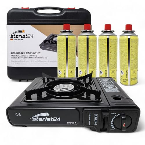 Starlet24 Hornillo de camping – Cocina de gas autónoma con 4 cartuchos de gas butano y maletín de transporte, fácil de usar, encendido piezoeléctrico – Ideal para exteriores, senderismo, camping y