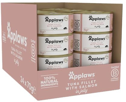 Applaws Natural Wet Adult Katzenfutter, Thunfischfilet und Lachs in Gelee 70g Dose (Packung mit 24) Thunfisch und Lachs