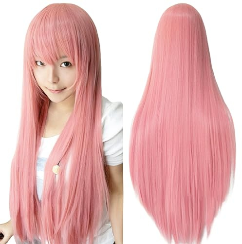 IMISSU 80cm lång rakt naturligt hår Cosplay peruker med lugg Huvudbonader Färgglad Halloween kostym Fest Peruk för flicka (Pink)