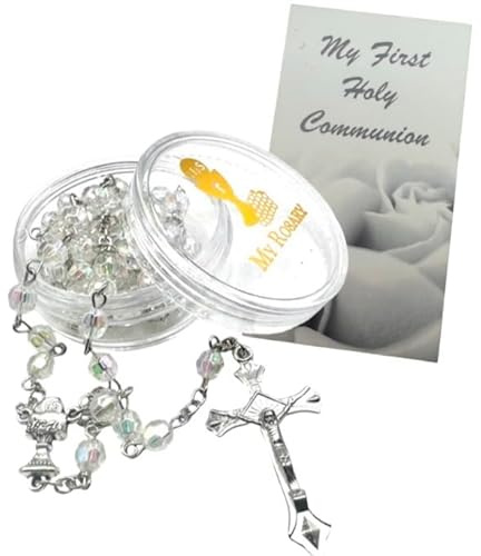 Chapelet de première communion pour fille avec perle en verre blanc avec calice en métal et crucifix avec étui et carte de prière catholique, Métal Verre