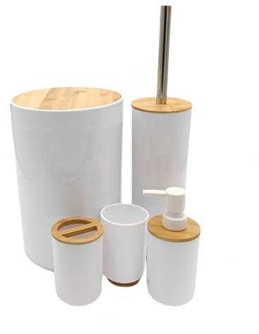 D,casa - Set Accesorios Baño de Bambú Estilo nordico Blanco - Juego de 5 Piezas