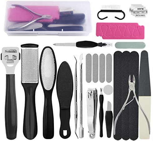 Layhou Juego de pedicura para pies, Kit Pedicura Profesional, raspador para pies, removedor de callos, piel dura, elimina la herramienta de pulido de pies de acero inoxidable(27pcs)