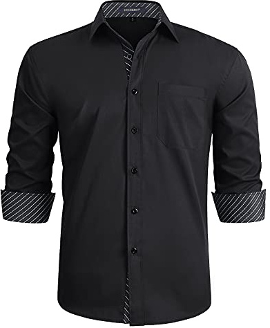 HISDERN Inre kontrastskjorta för män, ledig, formell, klassisk knäppning, finskjorta, långärmad, rutig krage, normal passform, svart/vit, 3XL