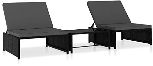 Mogou Sonnenliegen 2 STK. mit Tisch, Gartenliege, Strandliege, Relaxliege Garten, Saunaliege, Campingliege, Poolliege, Liege Garten,Poly Rattan Schwarz