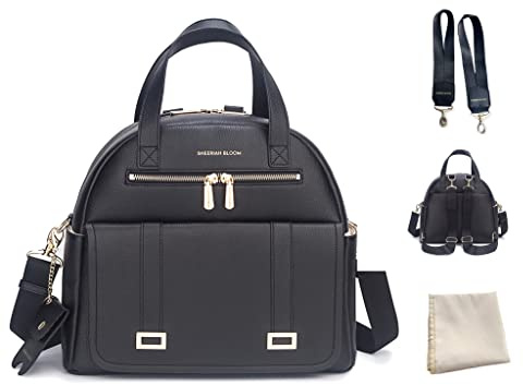 Sheeriah Bloom Wickeltaschen-Rucksack, Leder-Babytasche, Tragetasche, Wickelrucksack, Händedesinfektionsmittelhalter, Kinderwagenhaken, Schwarz, Large, Wickeltasche