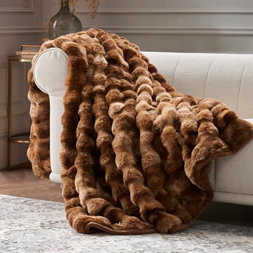 EverGrace Ultra Soft Luxury Fluffy Faux Rabbit Fur Throw Blanket, Thick Warm Bubble Throw for Bed, Cozy Plush Reversible Blankets for Couch, Chair, Sofa, Lion Caramel, 60x80 Inches