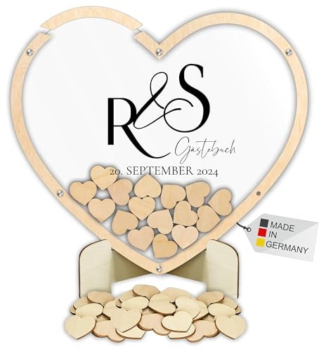 Manschin-Laserdesign Gästebuch Drop in aus Holz und Acrylglas zur Hochzeit, personalisiert, Wunschgravur, Wunschfarbe inkl. Herzen (Hintergrund Farbe Weiß)