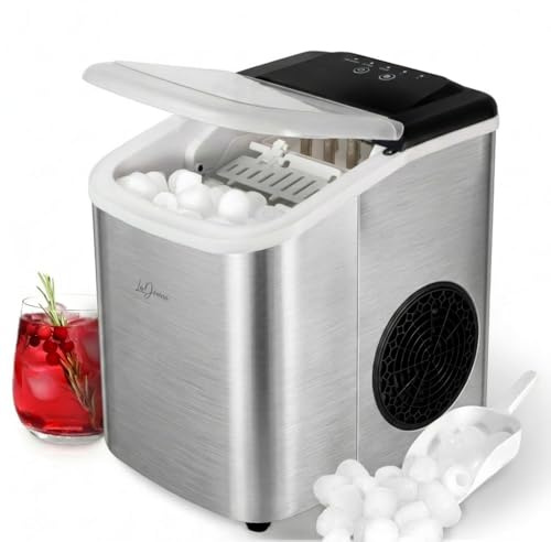 LaDonna Ice Maker Machine, Compact Countertop Cube Appliance, Fast Production, 9 Cubes in 6 Minutes, 8–10kg/24h Dual Sizes, Self-Cleaning Design, Portable for Home Kitchen Office Use - Stainless Steel