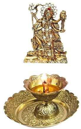 BRACOP® Metall Kali Mata Indische Göttin Figur mit Blumenteller Öllampe Aarti Diya Thali Set runder dekorativer Puja-Teller antike Idol-Göttin Kali Statue Murti hinduistische Skulptur Tempeldekor