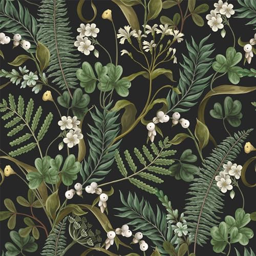 VEELIKE Dark Ferns Floral Wallpaper Green Leaf Contact Paper for Furniture Stickers Self Adhesive Boho Botanical Forest Wallpaper Bedroom Patterned Wall Paper Black Tropical Wall Mural 44.5cm×300cm
