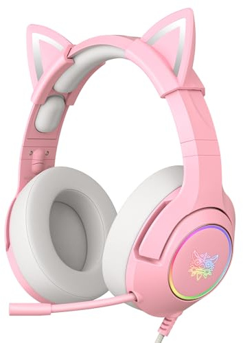 PHNIXGAM Cat Ear Gaming Cute Headset, Wired Over-Ear Headphones with Retractable Microphone, Surround Sound, LED Backlight for PS4, PS5, PC, Mobile Phone (Light Pink)