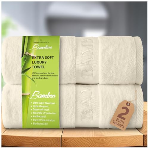 GC GAVENO CAVAILIA Bamboo Bath Towels Set | Pack of 2 Ultra Absorbent Big Bath Towels | 550 GSM Quick Drying Anti Bacterial Shower Towels | Bone 70x120 Cm