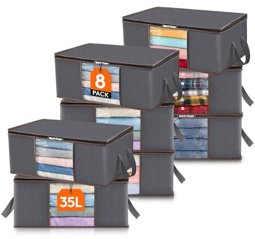 Lifewit 8 pezzi 35L Scatole per vestiti, scatola per armadio pieghevole, scatoloni per trasloco, contenitori sottoletto per Coperte, Biancheria da Letto, Grigio