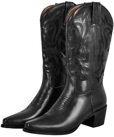 MissHeel Cowboy Stiefel Stickerei Boots Western Absatz Westernstiefel mit spitzer Zehe und breiter Wade Schwarz 43 EU
