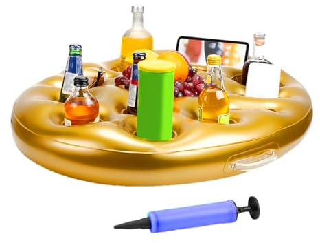 Teksome Flotadores para Bebidas de Piscina, Bandeja Flotante para portavasos | Portavasos Inflable de Gran Capacidad,Bandeja Flotante Dorada con Bomba, flotadores de Bebidas portátiles para teléfonos