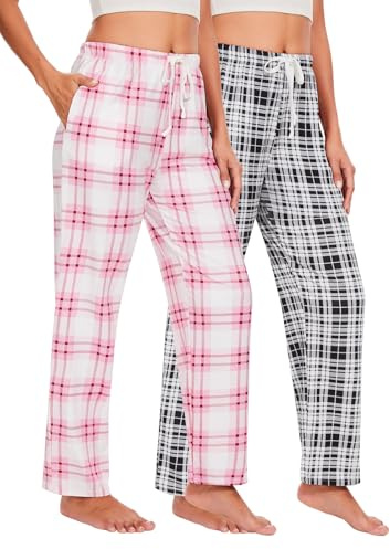 Komfokore Schlafanzughosen für Damen Lange karierte Pyjamahose Dehnbare Lounge Hose Weiche Pyjamahose mit Taschen