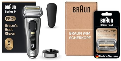 Braun Series 9 Pro+ Rasierer Herren Elektrisch, Elektrorasierer mit 5 Pro Rasierelementen, Wet & Dry, Made in Germany, Silber + Braun Series 9 Pro Scherkopf, Ersatzscherteil Made in Germany, 94M