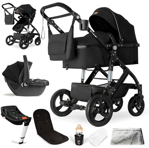 Bergsteiger Nizza Kombikinderwagen 3-in-1 Isofix Station Babyschale | Komplettset mit Aluminiumgestell Schwenkrädern verstellbarem Griff Babywanne Buggysitz Wickeltasche und Regenschutz