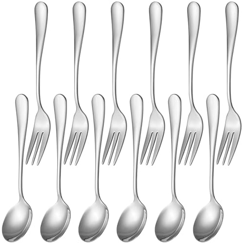Dessert Spoons Set Stainless Steel Including 6 Small Spoons 6 Mini Forks for Fruits Tea Coffee (Stainless Steel)
