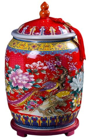 Snaweo Classic Ceramic Rice Bucket, Household Ceramic Sealed Rice Storage Container, Ceramic Rice Cylinder, Rice Storage Box, Food Dispensers, Home Decoration(Red,25kg)