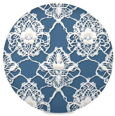 Blue and White Lace Flowers round easter placemats reversible quilted placemats fabric washable underplate mat modern 15.4