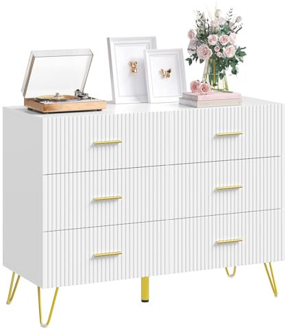 WOLTU Cómoda Blanca de 6 Cajones, Cómada Cajonera, Cajonera Organizador con Patas Doradas, Cómoda y Cajonera para Dormitorio y Salón, 100x40x75 cm, KMD002ws