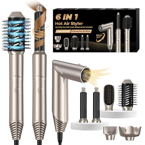 6 in 1 Air Hair Styler Blow Dryer Brush Set, with Ionic Rotatable Hair Dryer [60,000RPM] Air Curlers Volumizer Straightening Brush Hairdryer Diffuser Nozzle, Airstyler Hairstyler for Women, White-Gold