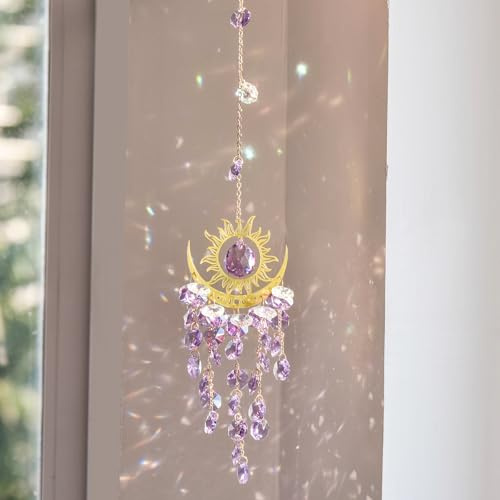 GOZINA Acchiappasole, cristallo Suncatcher, campanelli a vento arcobaleno, cristallo di luna di fuoco, decorazione per finestre, adatto per famiglia e esterni (1, ametista)