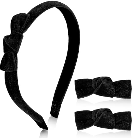 MBAIYO 3 stycken svarta sammetshårband och rosettset, elegant rosett hårklämma båge pannband liten hårnål med alligatorklämmor sött hårband hårtillbehör för kvinnor flickor