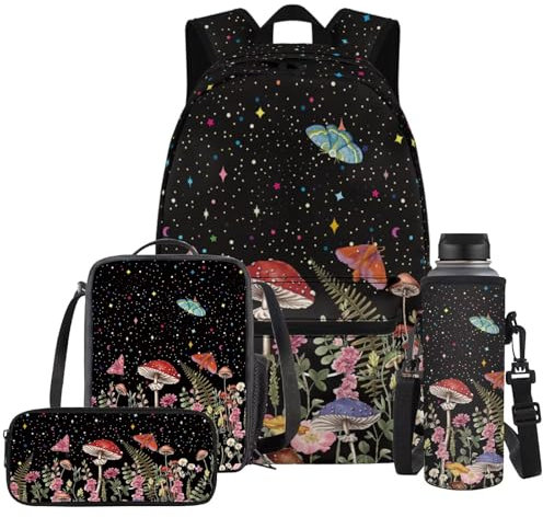 YDFISH Mushroom Floral Kids Backpack with Lunch Box Girls Bookbag 10-12 Years Old Lightweight School Bags Set 17inch Girls Laptop Bags Children's Daypack Rucksack Case Bag 4 IN 1 Set