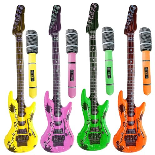 Ensemble gonflable Eurovision Rock Star – 4 guitares et 4 microphones aux couleurs vives – Accessoires de fête amusants pour festivals, karaoké, déguisement et photos
