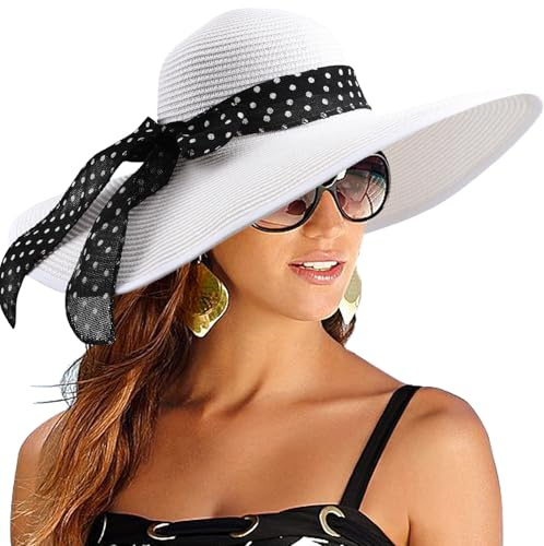DRESHOW Damen Breit Krempe Strohhut Faltbar Schutz Strandhut Elegant Sommer Hut Sonnenhüte UPF 50+