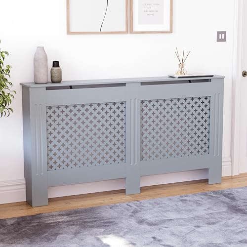 Vida Designs Oxford Cubierta de radiador Grey - Grande - Patrón Cruzado Tradicional para Mejor circulación del Calor - H82xW152xD19cm - MDF Pintado para salón y Pasillo