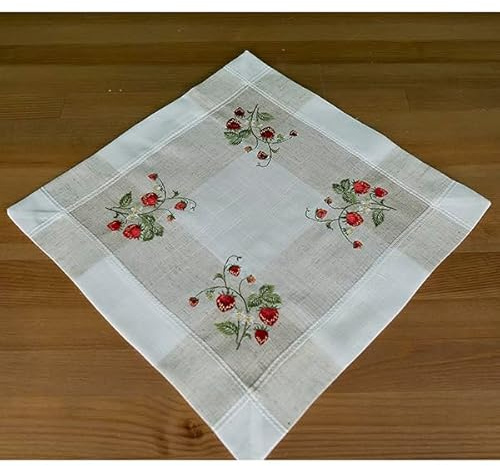 Raebel OHG Deckchen Erdbeeren auf Leinenoptik, 35 x 35 cm, Ecru-Bunt, 85% Polyester, 15% Leinen