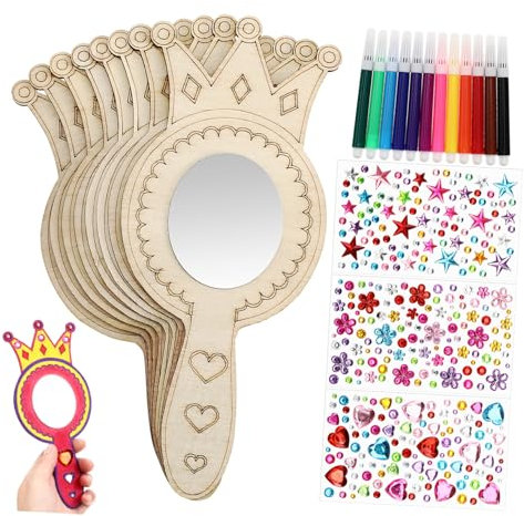 KAILIKETIY Selbstgemacht Holzspiegel Für Kinder 8 Stück Kronen Bastelset Aus Unbehandeltem Holz Kleiner Handspiegel Mit 12 Wasserfarben Bastelspaß Für Mädchen Geburtstags Und Party Gastgeschenk