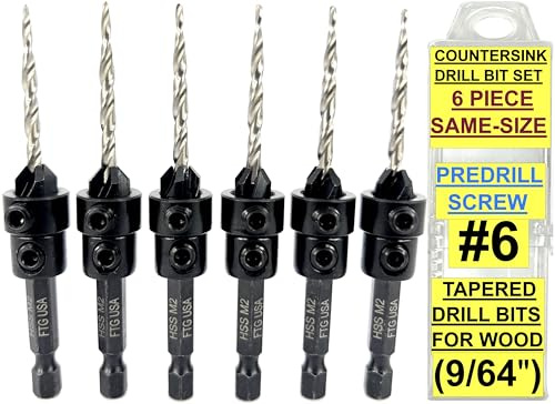 FTG USA 6 Pc #6 (9/64) Countersink Drill Bit Set with Tapered Drill Bits for Wood, Depth Stop Collar, Hex Wrench and Storage Container
