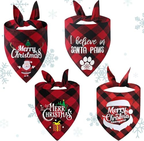 Halstuch Hund Weihnachten,4 Stück Weiches Kopftücher Waschbarer Hundehalstücher,Hundehalstuch Weihnachten,Dreieck Bandana Hunde,Dreieck Haustier Lätzchen für Kleine Mittelgroße Welpen Katzen