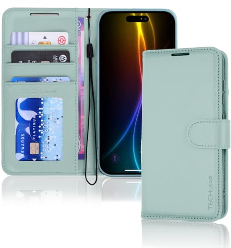TECHGEAR Étui portefeuille en cuir synthétique pour iPhone 17 avec blocage RFID, porte-cartes et espèces, béquille, dragonne, fermeture magnétique – Cuir PU vert pour iPhone 17 (16 cm)
