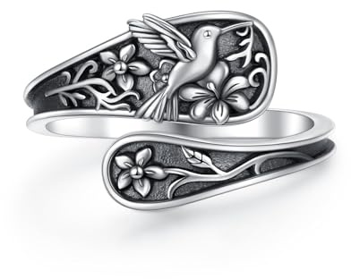 Adjustable Dragonfly/Lotus/Hummingbird/Cross Ring for Women Girls 925 Sterling Silver Antique Floral Spoon Rings Oxidation Inspirational Band Jewelry
