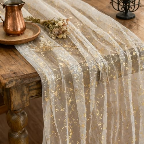 Tischläufer Gold 70 x 300 cm Tischläufer Gaze Tüll Glitter Goldfolie | Weihnachtstischläufe Tischdeko mit Glitzerfolie Geeignet für Brautparty Geburtstag Weihnachten Party dekoration