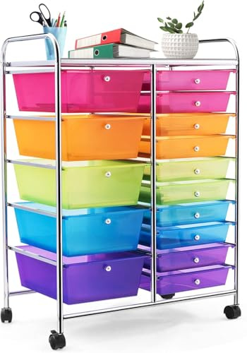 RELAX4LIFE Carrello Portaoggetti con 15 Cassetti Staccabile，Impilabili e Impermeabile, con 4 Ruote Universali, Salvaspazio di Grande Capacità, Multiuso per Cucina, Bagno e Ufficio (COLORATO 3)