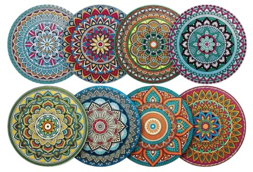Juego de 8 Posavasos Madera para Bebidas, Posavasos Originales con diseño de Mándala, Ideal para Bebidas Café, Té, Cerveza, Vino, Accesorio Decorativo para Hogar, Cocina y Bares