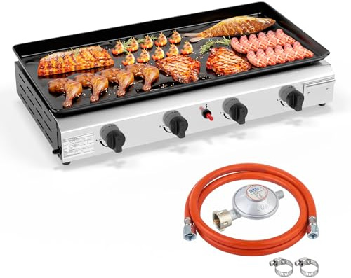 ROVSUN Gasgrill mit 4 Brennern,Gas grill Camping 9,6 kW, Gasgrill aus Edelstahl, Tischgrill, Emaillierter Antihaft-Grillplatte & Ein-Klick-Zündung für Camping, Garten & Strand
