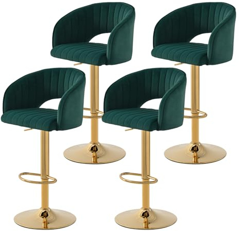 SUPPNEED Samt Barhocker 4er Set, Bar Stühle Höhenverstellbar mit Lehne & Armlehnen, 360° Drehbar Küchenhocker, Thekenhocker, Friseurstuhl, Gold Fußstütze, für Esszimmer Kücheninsel(Smaragd,4)