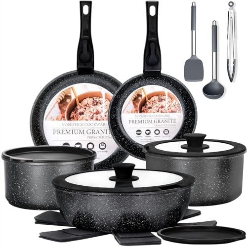 Nonstick Pots and Pans Set 17pcs, Induction Hob Pan Set, Kitchen Cookware Sets with Detachable Handle, RV Frying Pans, Saucepan Sets with Lids, Oven Safe
