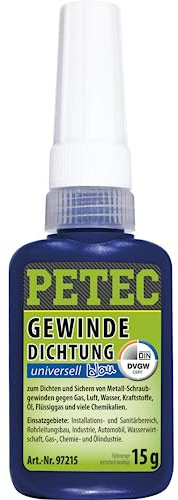 PETEC Gewinde Dichtung Schraubensicherung mittelfest blau 15g 97215 | Anaerobe Dichtmasse KFZ hitzebeständig, druckbeständig bis 60 Bar & großes Spaltmaß. Abdichtung gegen Gas, Luft, Kraftstoffe
