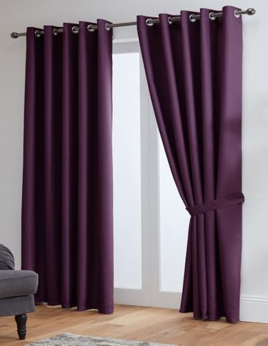 John Aird Blackout Curtains Thermal Energy Saving Eyelet Curtains for Bedroom & Living Room Including Tie Backs (Aubergine, W 66 x L 72 (2 Panels)