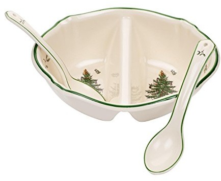 Spode Christmas Tree Divided Serving Dish with 2-Spoons